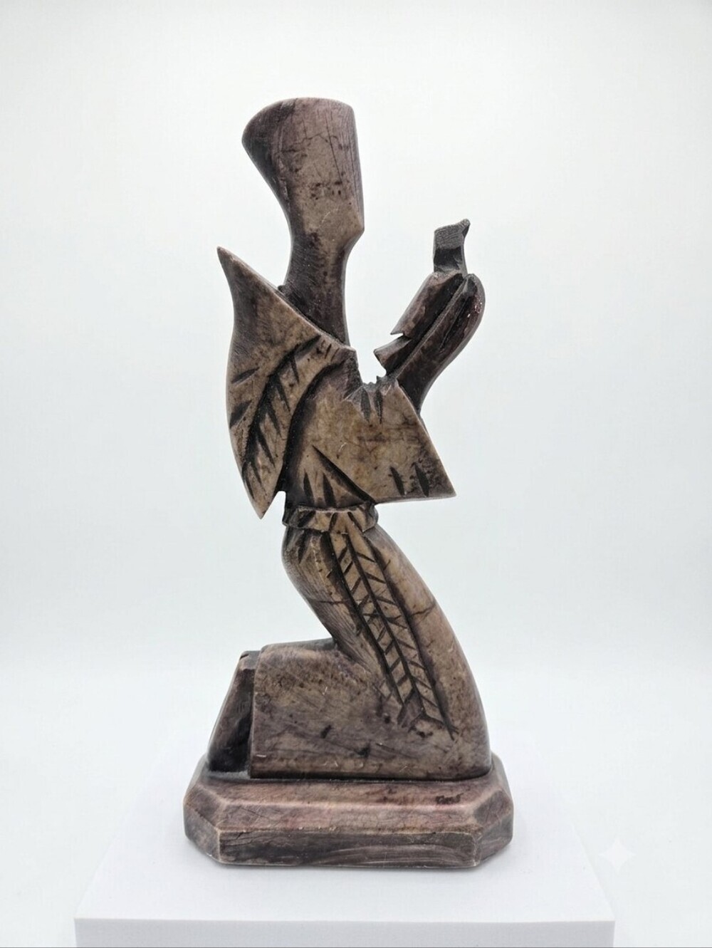 Vintage Hand Carved Soapstone Saint Francis Assisi Kneeling Figurine Bird Sculpt